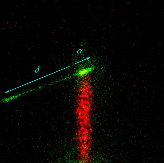 Przykład zdarzenia zrejestrowanego przez kamerę CCD w detektorze OTPC podczas eksperymentu w CERN-ISOLDE. Wiązka 6He wpadła do detektora od dołu i zatrzymała się wewnątrz niego (kolor czerwony). Jeden z atomów 6He rozpadł się z wyrzuceniem deuteronu i cząstki alfa (kolor zielony). Emisja tych cząstek zachodzi średnio raz na milion rozpadów 6He.